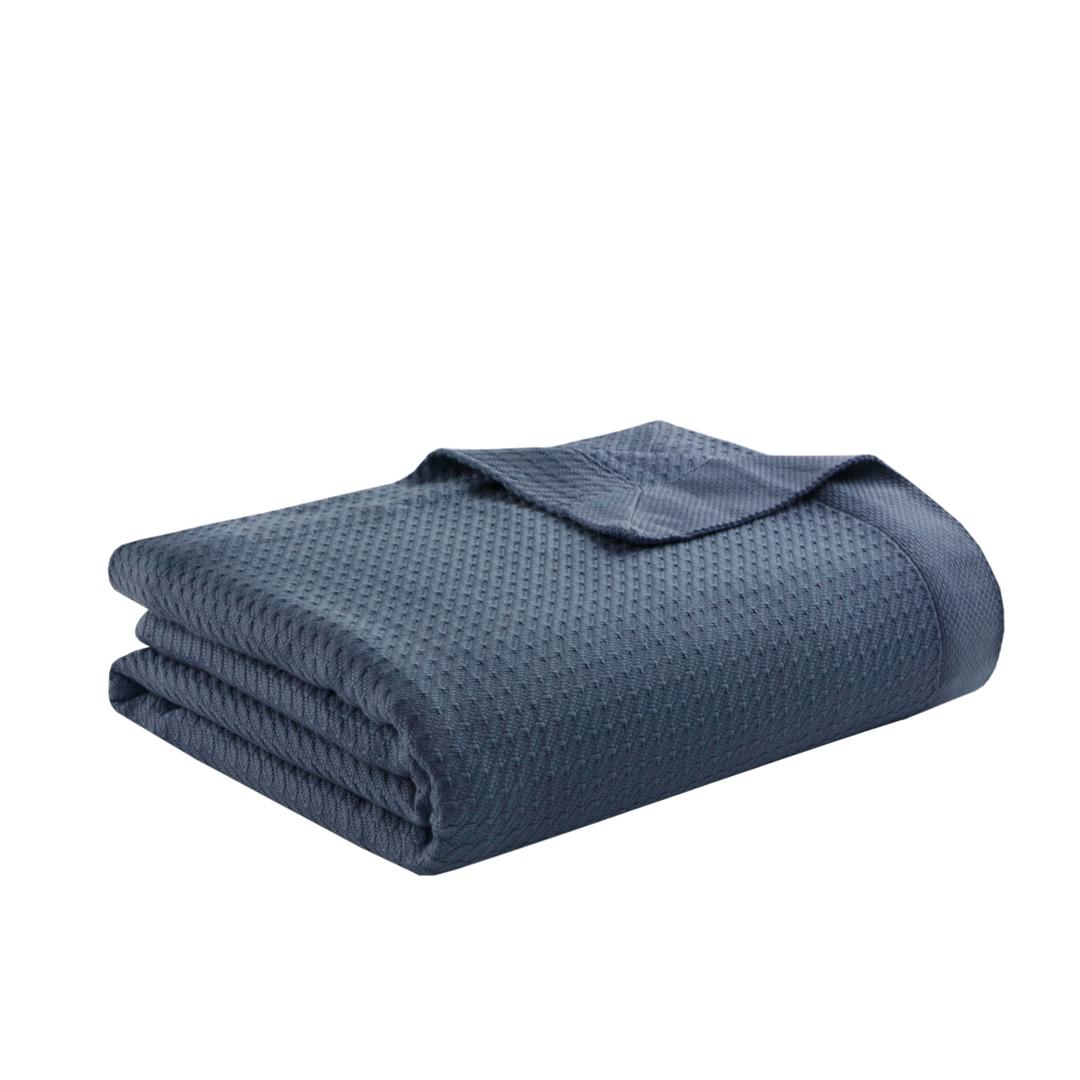 Madison Park 100% Egyptian Cotton Lightweight Summer Blanket, Breathable Waffle Knit Design, Soft Cozy All-Season Throw for Bed, Couch or Sofa, Navy Blue Full/Queen Size (90"x90")