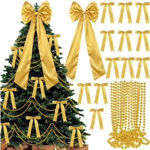 Gejoy Bow Christmas Tree Decoration Set, 30 Pcs Small Bows 1 Pcs 47" x 15.7" Large Tree Topper Satin Bows and Christmas Beads Garland Ornaments, Xmas Bead for Holiday Decor(Gold)