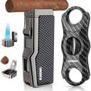 All-in-one Cigar Lighter with V Cigar Cutter, Built-in Cigar Punch, Cigar Holder, Quad Windproof Jet Flame, 4 in 1 Refillable Torch Lighter Set with Gift Box, Cool lighters for Smoking, Birthday