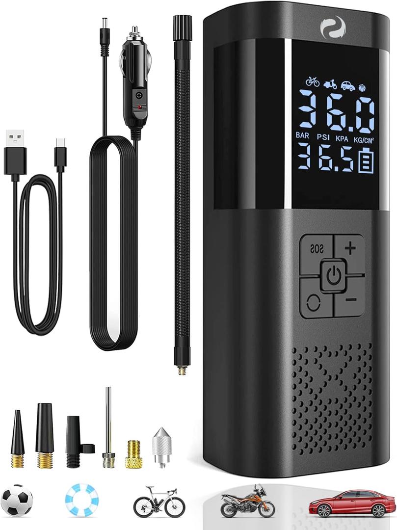 Tire Inflator Portable Air Compressor, Portable Air Pump with Pressure Gauge, Electric Tire Pump Battery 150PSI 12V DC, Cordless Tire Inflator with LED for Car Motorcycle Bicycle Ball