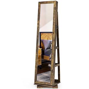 Giantex 360° Rotating Jewelry Armoire w/Higher Full Length Mirror, Standing Lockable Cabinet Organizer w/ Large Storage Capacity, Inside Makeup Mirror(Coffee)