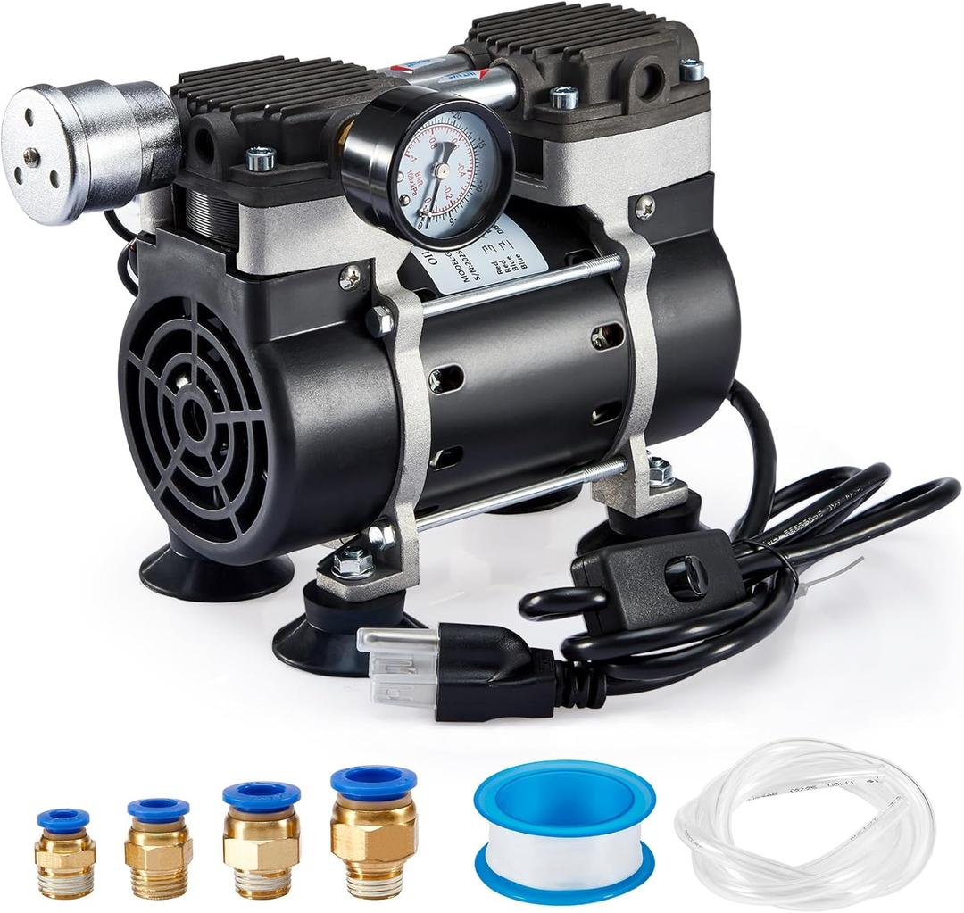 Vacuum Pump 50 L/Min with Switch, Oilless Lab Pump with Vacuum Meter, Aluminum Silencer and 4 Connectors, for Laboratory Electronics Industry