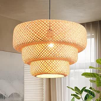 hualuosi 3-Tier Rattan Chandelier Bamboo Pendant Lights Boho Light Fixtures 18.1in Wicker Dining Room Lighting Farmhouse Woven Hanging Ceiling Lights for Kitchen Island Restaurants Bedroom Foyer