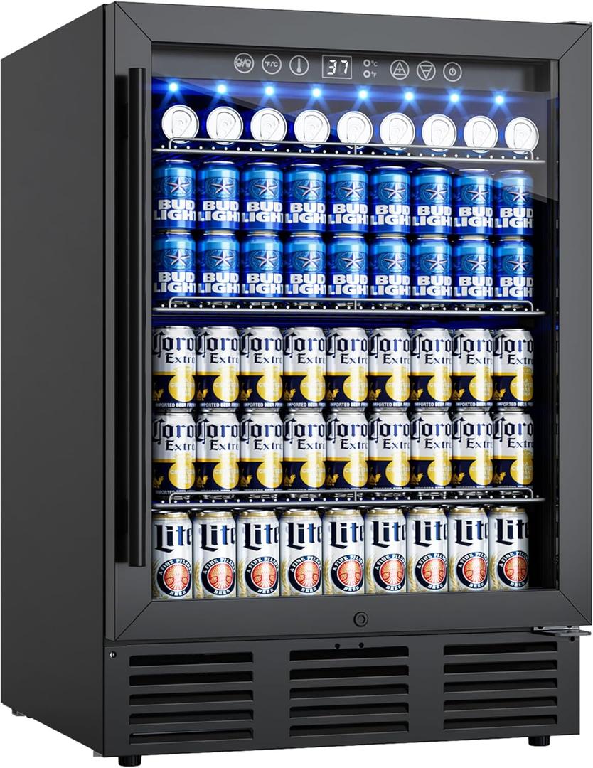 24 Inch Beverage Refrigerator, 180 Cans Beverage Refrigerator with Glass Door, LED Light, Under Counter Refrigerator for Soda, Water, Drink Fridge for Home, Bar or Office