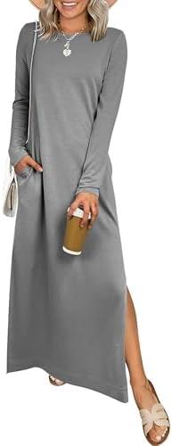 ANRABESS Women Long Sleeve Dresses 2025 Fall Casual Crewneck Loose Fit Split Flowy Wrinkle-Free Travel Vacation Maxi Dress Medium