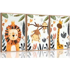 3 Pcs Safari Nursery Canvas Wall Art Tropical Jungle Animals Lion Monkey Giraffe Paintings Pictures Wall Decor Posters Print Artwork for Kid Room Boy's Girl's Room Baby Room Unframed (Orange Color-Poster)