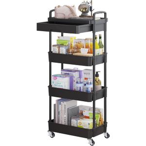 Calmootey 4-Tier Rolling Utility Cart with Drawer,Multifunctional Storage Organizer with Plastic Shelf & Metal Wheel,Storage Cart for Kitchen,Bathroom,Living Room,Office,Black