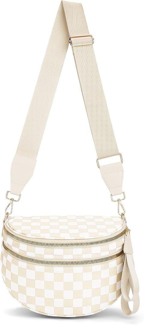 Lushandy Bum Bag Women's Checkered Crossbody Bag Nylon Cross Body Bags Plaid Mom Everyday Purse for Travel (Beige)