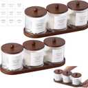 Vesici 6 Pack Bathroom Canisters Ribbed Apothecary Jars with Bamboo Lids 2 Bamboo Trays and 9 Label Stickers Cotton Swabs Holder Bathroom Organizer Storage Set Acrylic 18 oz Dispenser Container(Brown)
