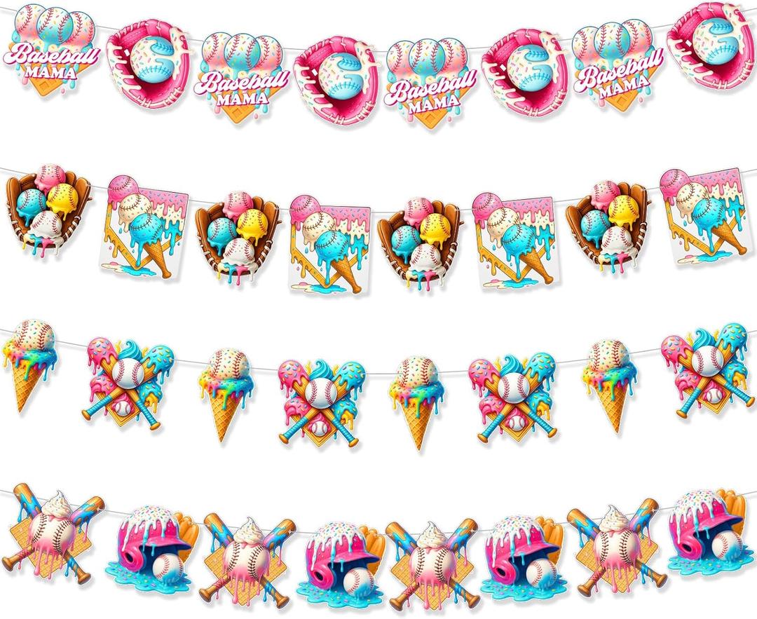 HunnmingRe 4 Pcs Ice Cream Drip Baseball Banner 67 Meme Paper Garland 39 ft Pre-Assembled Baseball Party Decorations Funny Sports Theme Birthday Garland Baby Shower Party Supplies(Ice Cream Drip)