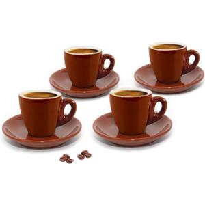CUISINOX Brown Porcelain Espresso Cups and Saucers, 4 Sets (2 oz each)