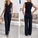 Women's 2 Piece Outfits Linen Vest Waistcoat Dressy Casual Sets Wide Leg Pants Suits (Black, S)