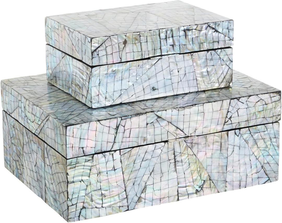 Deco 79 Mother of Pearl Shell Abstract Handmade Decorative Box Angular Mosaic Storage Decorative Keepsake Box with Iridescent Finish, Set of 2 Storage Box 12", 8"W, Multi Colored