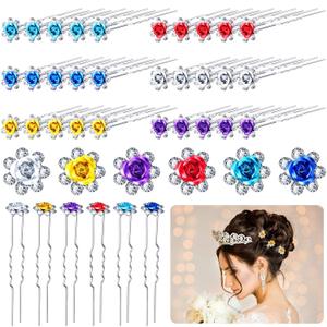 Chuangdi 30 Pieces Rhinestone Hair Pins Bridal Wedding Crystal Clips Rose Flower Crystal U Shaped Bobby Pins Decorative Hairpin Accessories Jewelry Barrette for Bride Women Bridesmaids