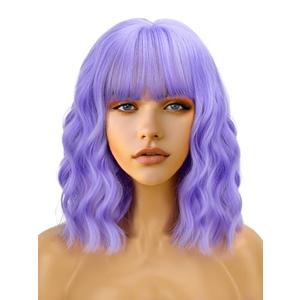 FREEMEIGE Purple Short Bob Wavy Wig with Bangs for Women Loose Curly Shoulder Length Synthetic Cosplay Wig Bob for Girl Colorful