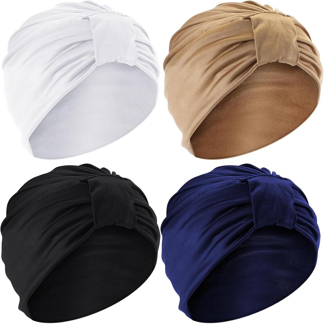 Cuffbow 4 Pcs Milk Silk Chemo Headwear - Stretchy Turbans & Pleated Chemo Hats for Cancer Headwear, Beanie Head Covering for Sleeping & Swimming, 4 Colors Cuffbow 4 Pcs Milk Silk Chemo Headwear - Stretchy Turbans & Pleated Chemo Hats for Cancer Headwear, Beanie Head Covering for Sleeping & Swimming, 4 Colors