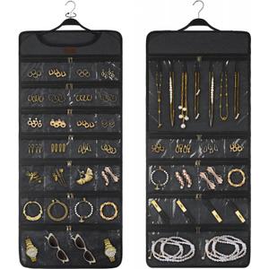 SMRITI Hanging Jewelry Organizer with Dual Zippered Pockets Canvas Double Sided Rotating Hanger Necklace Hanging Wall Organizer Earring Dustproof Holder Wall Mount Accessories Display Bag(Dark Grey)