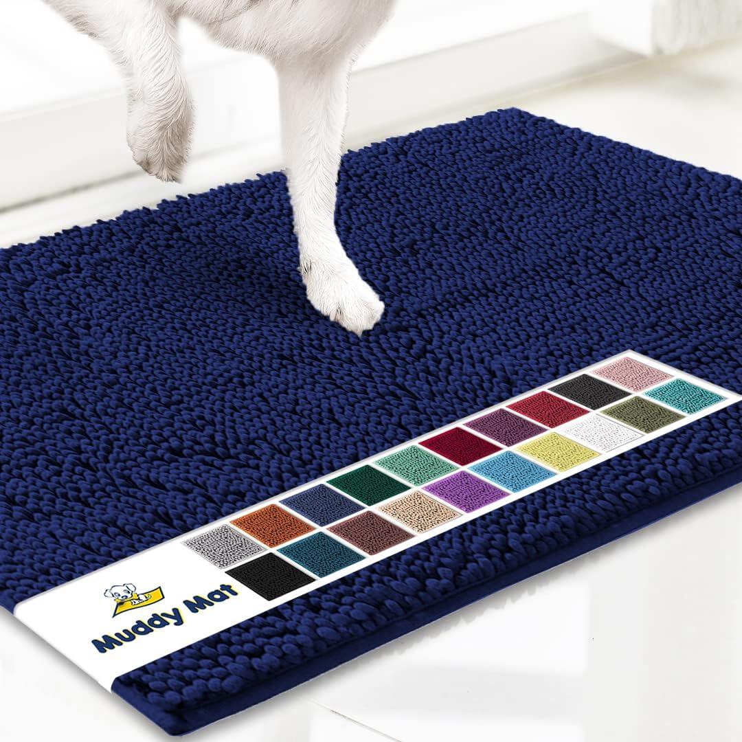Muddy Mat AS-SEEN-ON-TV Highly Absorbent Microfiber Dog Door Mat and Pet Rug, Non Slip Thick Washable Area and Bath Mat Soft Chenille for Kitchen Bathroom Bedroom and Indoor- Navy Blue Medium 30"X19"
