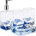 Locco Decor 4 Piece Acrylic Liquid 3D Floating Motion Bathroom Vanity Accessory Set Oceam Theme Shell Toothbrush Holder, Tumbler, Soap Dispenser, Soap Dish