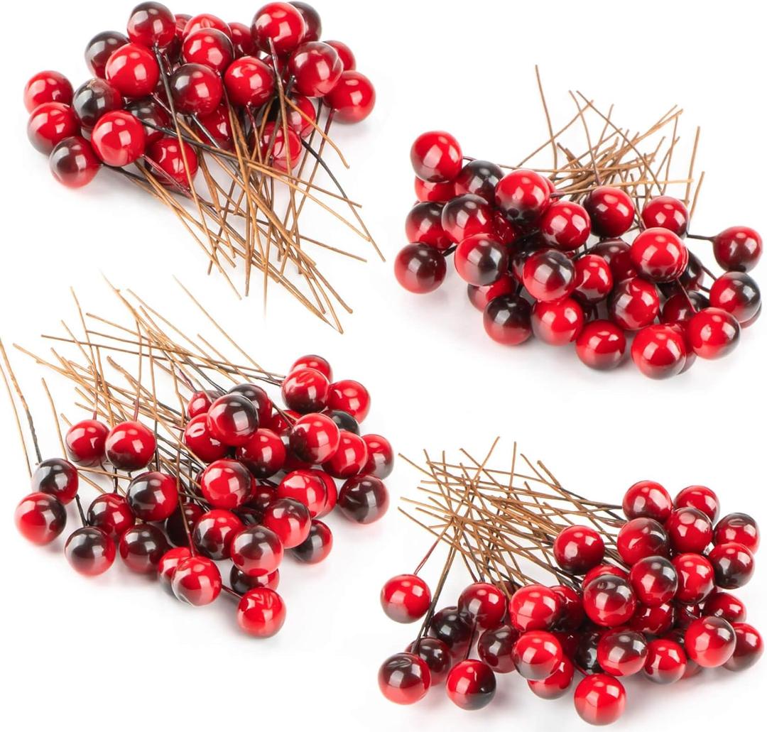 MAQIHAN Artificial Holly Berries - 150 Pcs Christmas Holly Berries Stems for Crafts Faux Holly Berries Artificial Red Holly Berry Stems for Christmas Wreath Christmas Tree Table Kitchen Wall Decor
