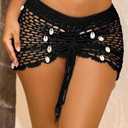 Women's Beach Crochet Hollow Out Shell Cover-Up Skirt Bikini Swimwear Wrap (Black, M)