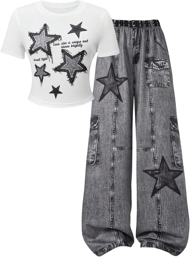 SOLY HUX Girl's Y2k Clothes Star Graphic Crop Top and Baggy Pants Grunge 2 Piece Outfit Streetwear Black and White 12Y