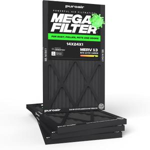 PuroAir MegaFilter - 14x24x1 Air Filter MERV 13 Activated CarbonTech Defense - Heavy Duty 3 Layer Furnace Filters Allergens, Pollen, Dust, Pet Dander, Smoke, Odors - HVAC Air Filter 14x24x1 (4-Pack)