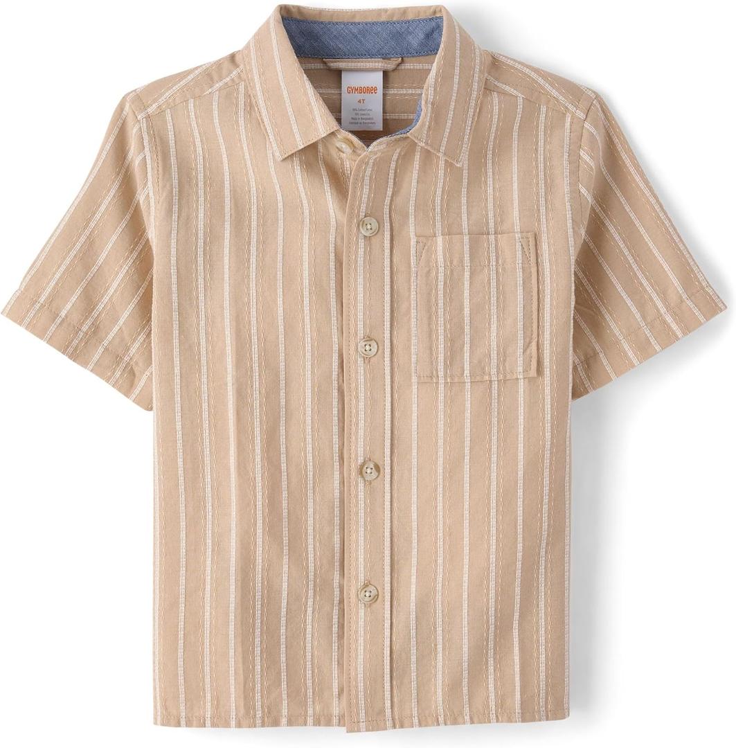 Gymboree Boys' and Toddler Short Sleeve Linen Button Up Shirt (3T, Java Hill)