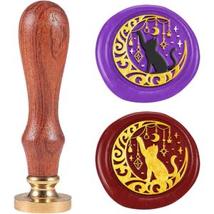 DELORIGIN 1" Moon Cat Wax Seal Stamp Retro Dreamy Sealing Stamps Removable Brass Head Seal Stamp with Wooden Handle Sealing Wax for Greeting Card Letter Invitations Gift Card Envelope Birthday