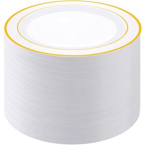 PULOTE 100PCS Gold Plastic Plates - 10 Inch White with Gold Trim Plastic Dinner Plates Disposable for Dinenr, Party, Wedding & Thanksgiving