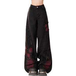 Cute Bootcut Jeans for Women Teen Girls Baggy Denim Jeans Y2k Butterfly Pants Aesthetic Gothic Streetwear Black XL