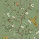 VaryPaper 17.7''x118'' Vintage Birds Floral Peel and Stick Wallpaper Sage Green Floral Contact Paper for Walls Blossom Branches Bird Wall Paper Self Adhesive Removable Wallpaper for Bedroom Nursery