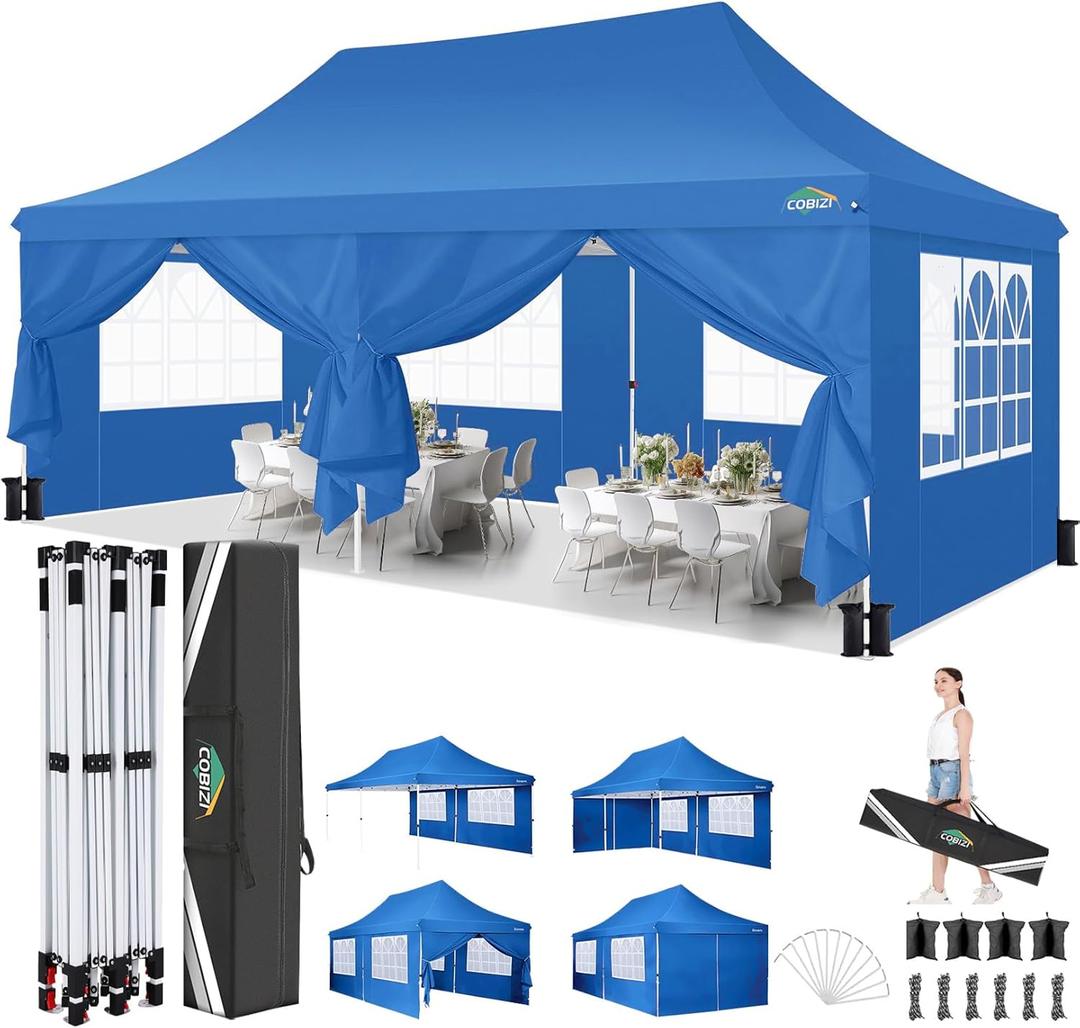 COBIZI 10x20 Pop Up Canopy with 6 Sidewalls, Conical Party Tent 10x20 with 3 Adjustable Height Waterproof, UV-Resistant with Carry Bag, Sandbag, Stake, Ropes for Parties, Commercial (Frame Upgraded) (Light Blue)