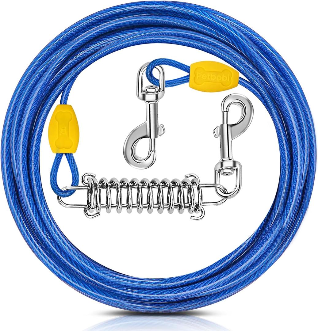 Petbobi Dog Tie-Out Cable 10ft - Outdoor Leash 4mm Metal Cable with Shock Absorbing Spring 360° Swivel Clips, Chain for Dogs Yard Camping, Fit Small Medium Large Pets Up to 120lbs, Blue