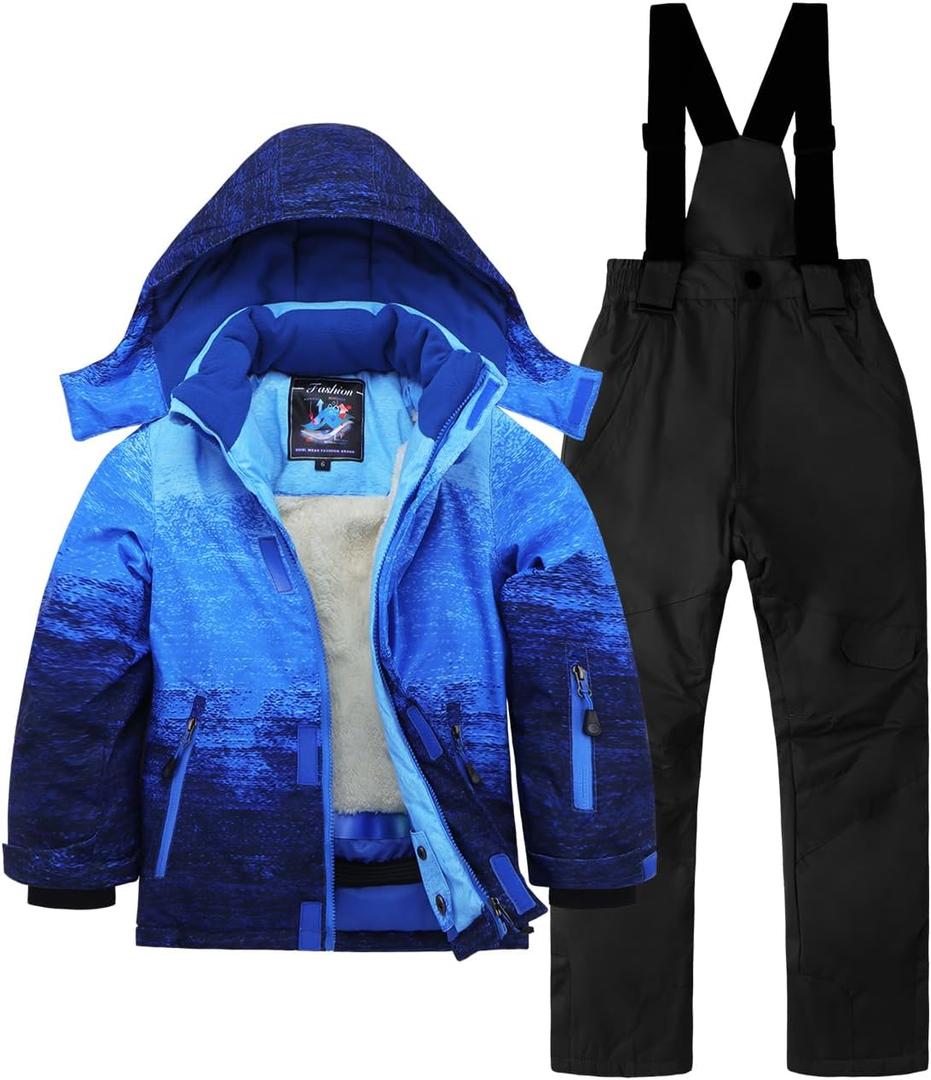Kids Ski Jacket & Pants Set Winter Snowboarding Rain Coats Girls Boys Snow Suits (14-15 Years, Blue&black)