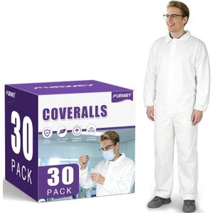 FURWEY Hazmat Suits 30 Pack Non-Hooded Protective Coveralls with Elastic Wrists, Ankles, (X-Large)