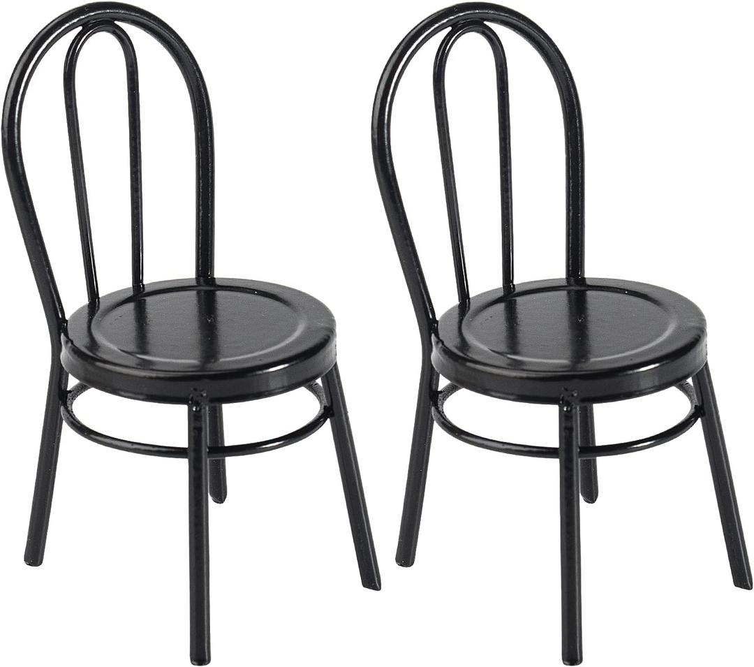 2 Pcs Miniature Black Dinning Chair 1:12 Scale Mini Metal Chairs for DIY Dollhouse Kitchen Furniture Decoration