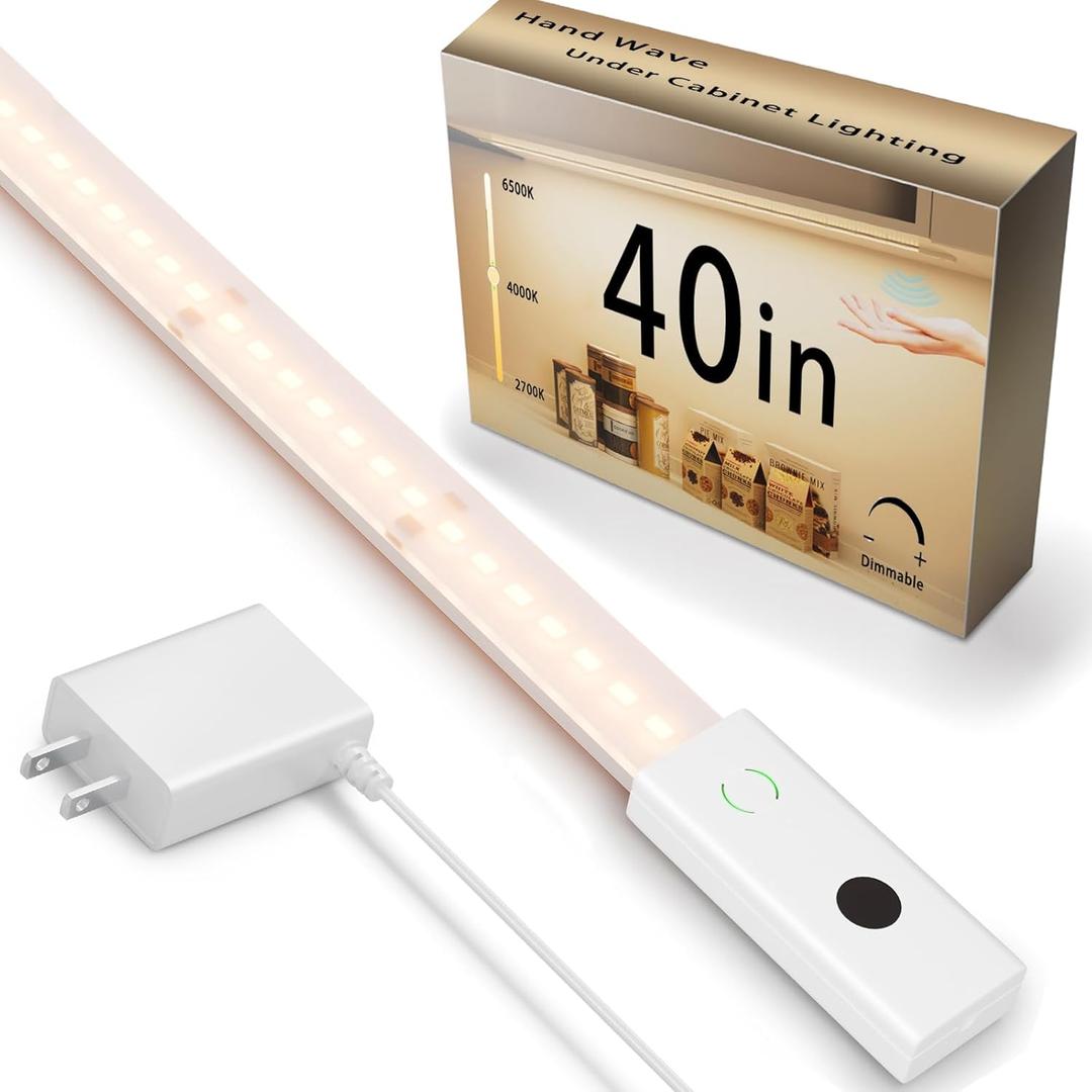 Under Cabinet Lights Plug in Cuttable 40 Inch Hand-Wave Ultra-Bright 1090lm 3-Color Flexible Silicone Slim Stick on Undercabinet LED Light Strip for Kitchen Counter / Sink, Under Shelf & Desk Lighting