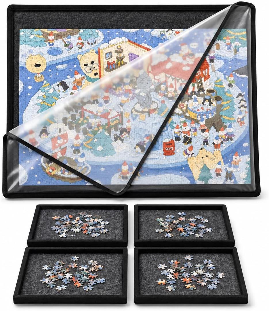 2000 Pieces Puzzle Board with 4 Sorting Trays & Protective Cover, 45.7" x 30.7" Portable Foldable Felt Puzzle Playing Surface - Lightweight Storage & Game Night Organizer