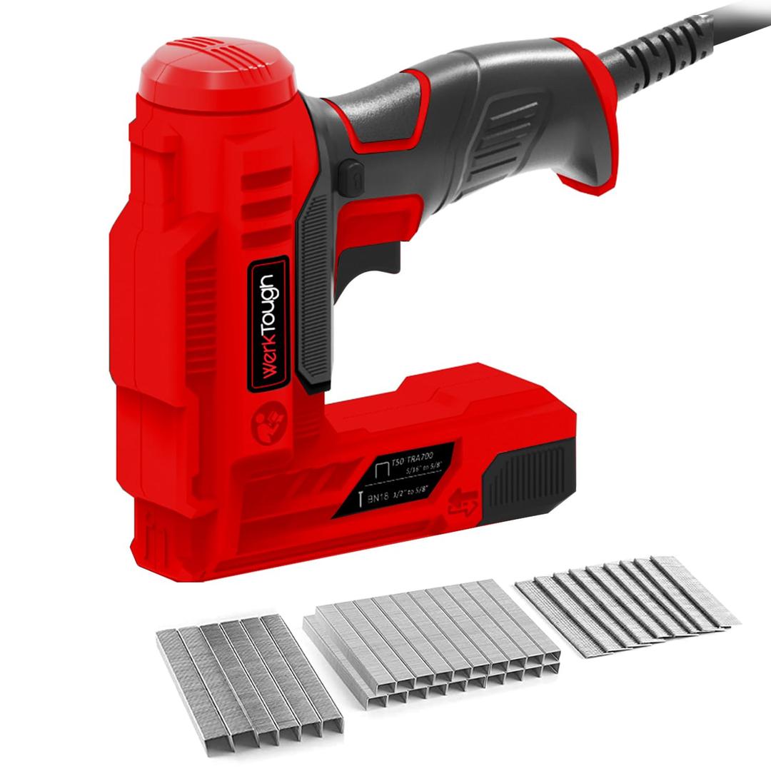 Werktough Electric Brad Nailer Staple Gun 2 in 1 Good for Home Decoration Leather and Carpentry 3000pcs Free Nails and Staples (T50 Staples:12mm,14mm Each 1000pcs, 18GA Brad Nails:14mmx1000pcs)-Red