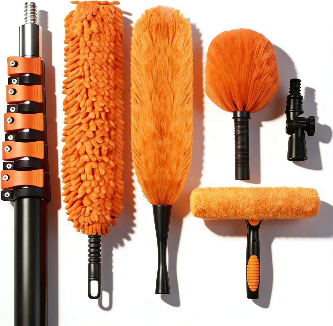 26FT High Reach Duster Kit with 5-20FT Flip-Lock & Screw Dual Locking Extension Pole, Cobweb Duster, Washable Ceiling Fan Cleaner & Window Squeegee for Glass & High Roof