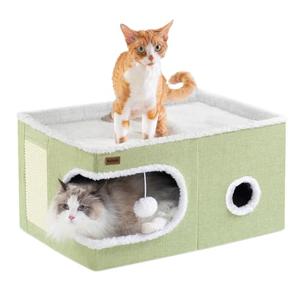 Garnpet Cat Bed for Indoor Cats Cube House, Covered Cat Cave Beds & Furniture with Scratch Pad and Hideaway Tent, Cute Modern Cat Condo for Multi Small Pet Large Kitten Kitty, Large, Green