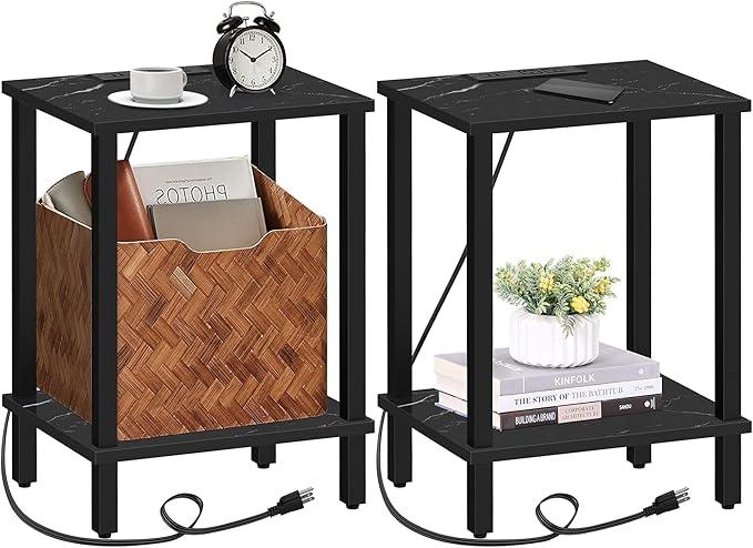 TUTOTAK End Table with Charging Station, Set of 2, Small Side Table, Nightstand Bedside Table, 2Tier Storage Shelf for Small Space, Living Room, Bedroom Marble Black TB01BMK041
