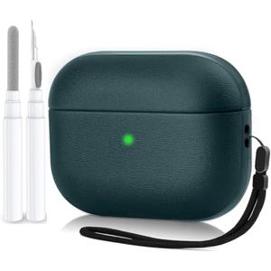 AirPods 4 Case Cover with Cleaning Kit, Premium Leather Texture Full Body Protective Case for Apple AirPods 4th Generation, Shockproof & Anti-Scratch with Front LED Visible  Green