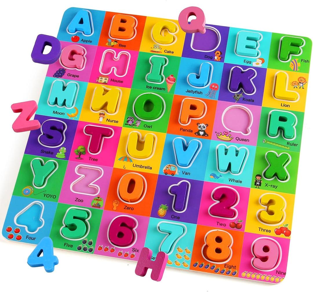 Wooden Alphabet Puzzles Ages 3-5, Alphabet and Number Puzzle with ABC Learning for Kids Ages 3 4 5, Preschool Learning Toys with Chunky ABC Puzzle Board for Girls Boys Kindergarten (Large Single Pack)
