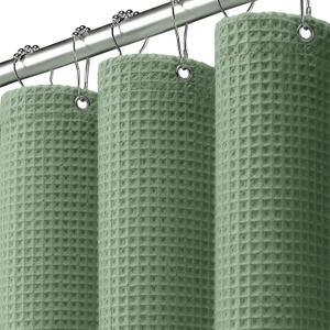 Stall Waffle Shower Curtain Heavyweight Cotton Fabric Sage Green 48Wx72L | Soft Cotton Cloth,3D Square Truely Waffle,Washable, Hotel Luxury Spa, Shower Curtains for Narrow Bathroom 12 Plastic Hooks