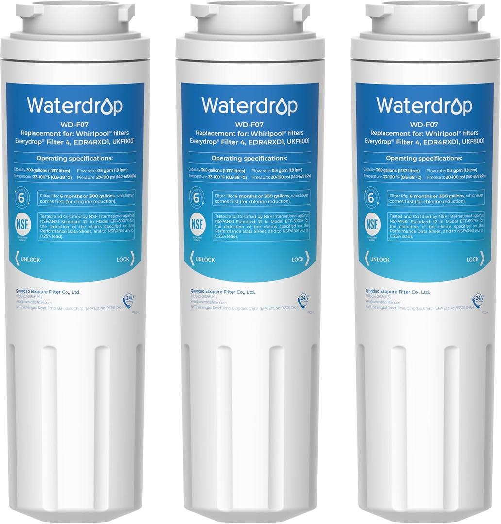 Waterdrop UKF8001 Refrigerator Water Filter 4, Replacement for Whirlpool EDR4RXD1, EveryDrop Filter 4, Maytag UKF8001AXX-750, UKF8001AXX-200, 46-9006, Puriclean II, WD-F07, 3 Filters