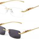 ADE WU Vintage Rimless Sunglasses Retro Luxury Gold Metal Frameless Rectangle Colored Lens Sun Glasses (2 Pack: Clear & Grey)