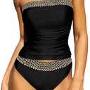WDIRARA Women's 2 Piece Color Block Tankini Set Bandeau Strapless Ruched Bathing Swimsuit (Black Boho)