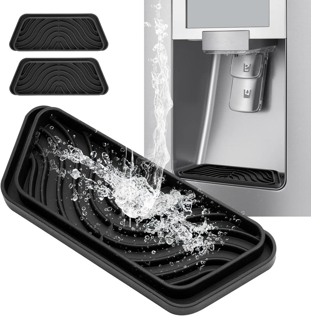 Refrigerator Drip Catcher, Refrigerator Drip Tray For Water Tray, Fridge Water Dispenser Drip Tray Prevents Water Splashes, Non-slip Silicone Dispenser Drip Collector for Ge Samsung -2 PCS Black